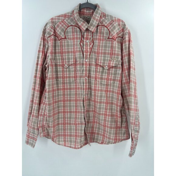 Lucky Brand XL Pearl Snap Long Sleeve Plaid Shirt Red Beige Tan Cowboy Rodeo - Picture 14 of 14